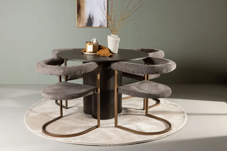 Ümmargune söögikomplekt Olivia ja bukleekangast toolid Morning (mokkatoon, ⌀110cm) - GR23811