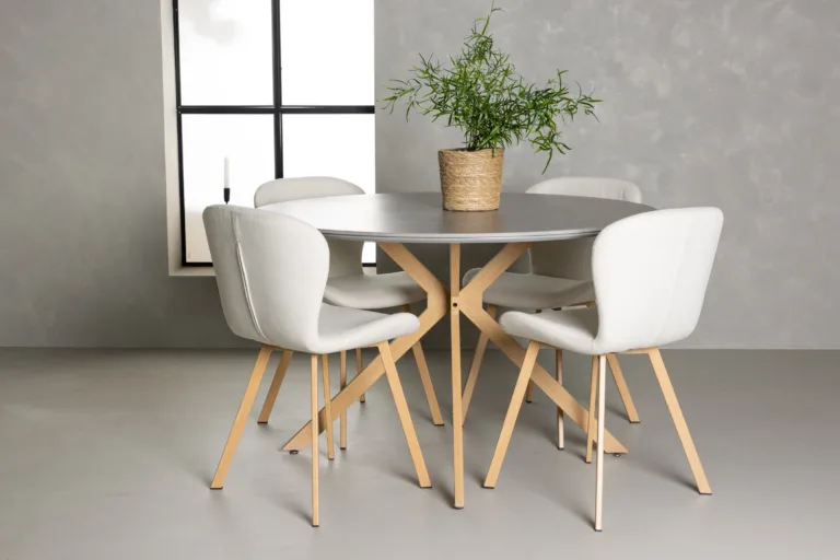 Ümmargune söögikomplekt Piazza halli spraystone lauaga ja beežide Lilja toolidega (⌀120 cm) - GR23749
