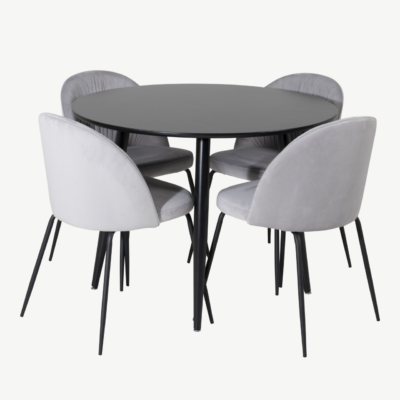 Ümmargune söögikomplekt Plaza (must MDF laud, 4 halli veluurkattega tooli) - GR24125