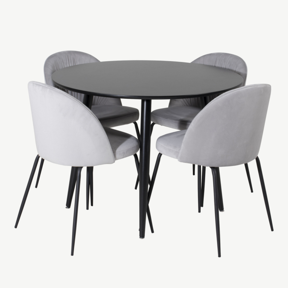 Ümmargune söögikomplekt Plaza (must MDF laud, 4 halli veluurkattega tooli), GR24125