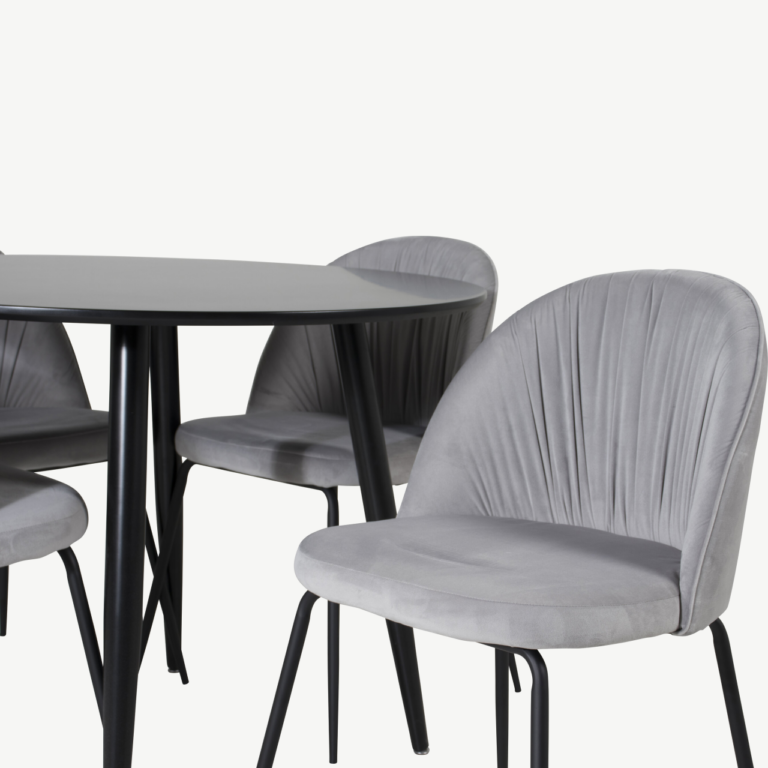 Ümmargune söögikomplekt Plaza (must MDF laud, 4 halli veluurkattega tooli) - GR24125