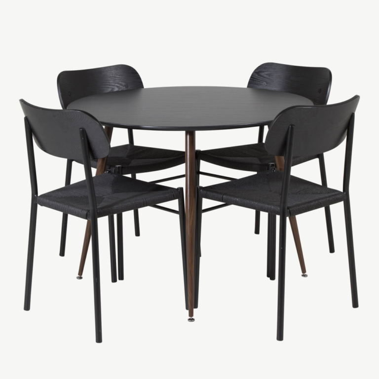 Ümmargune söögikomplekt Plaza (must MDF, pähklijalgadega laud, 4 musta Polly tooli, ø100 cm) - GR23993