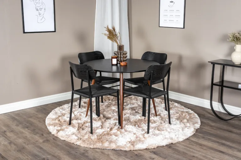 Ümmargune söögikomplekt Plaza (must MDF, pähklijalgadega laud, 4 musta Polly tooli, ø100 cm) - GR23993