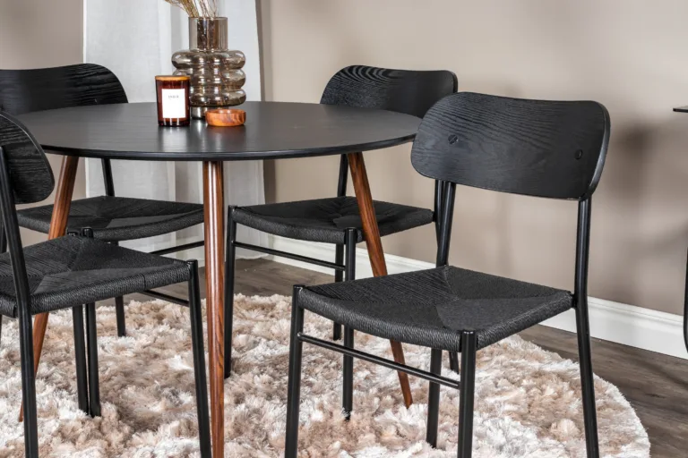 Ümmargune söögikomplekt Plaza (must MDF, pähklijalgadega laud, 4 musta Polly tooli, ø100 cm) - GR23993