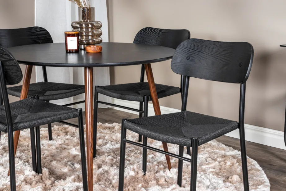 Ümmargune söögikomplekt Plaza (must MDF, pähklijalgadega laud, 4 musta Polly tooli, ø100 cm), GR23993 – 3