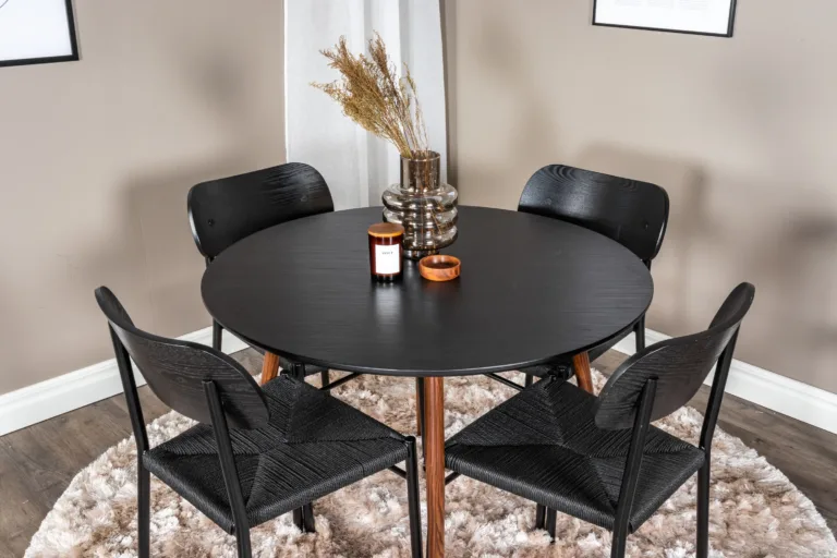 Ümmargune söögikomplekt Plaza (must MDF, pähklijalgadega laud, 4 musta Polly tooli, ø100 cm) - GR23993