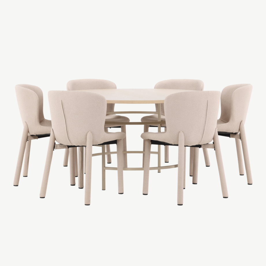 Ümmargune söögikomplekt: heledatooniline Copenhagen laud ja 6 beežist buklee tooli Astoria, GR24752 – 2