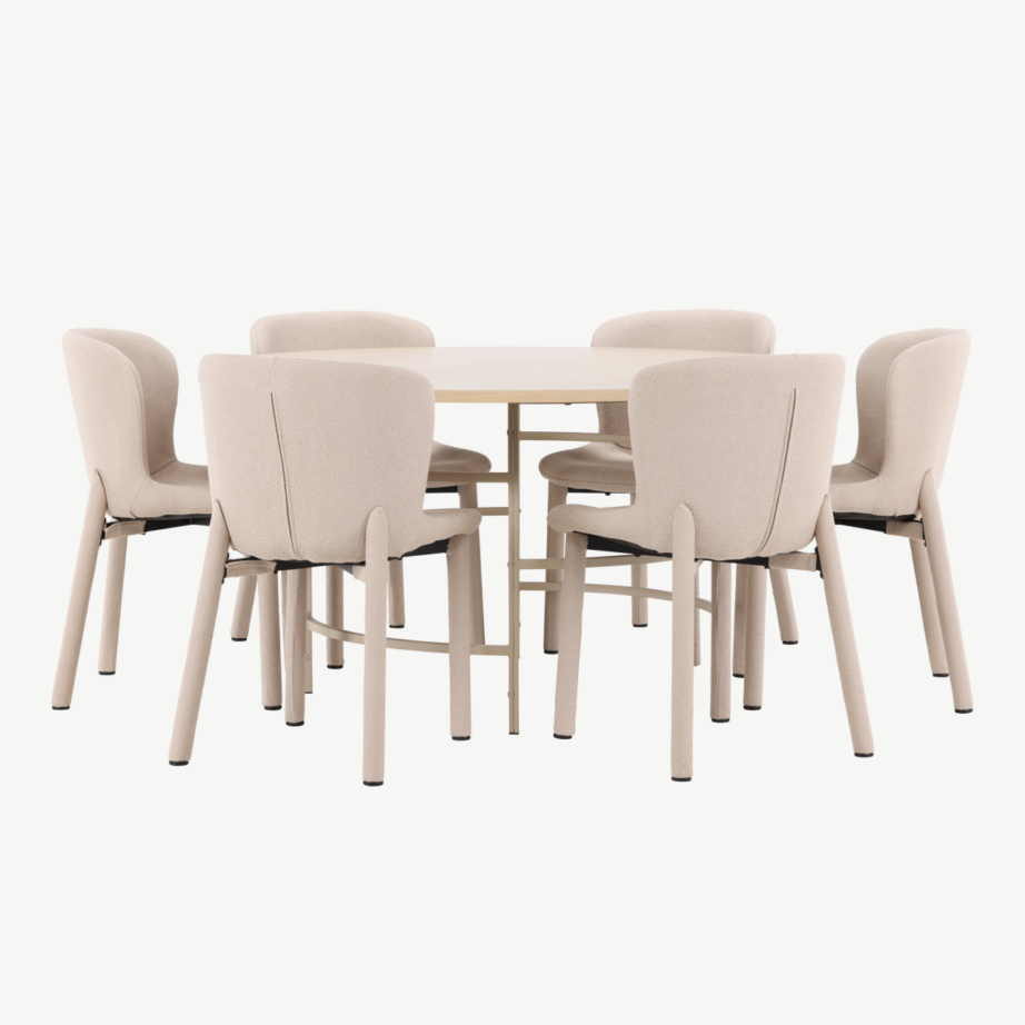 Ümmargune söögikomplekt: heledatooniline Copenhagen laud ja 6 beežist buklee tooli Astoria, GR24752 – 4