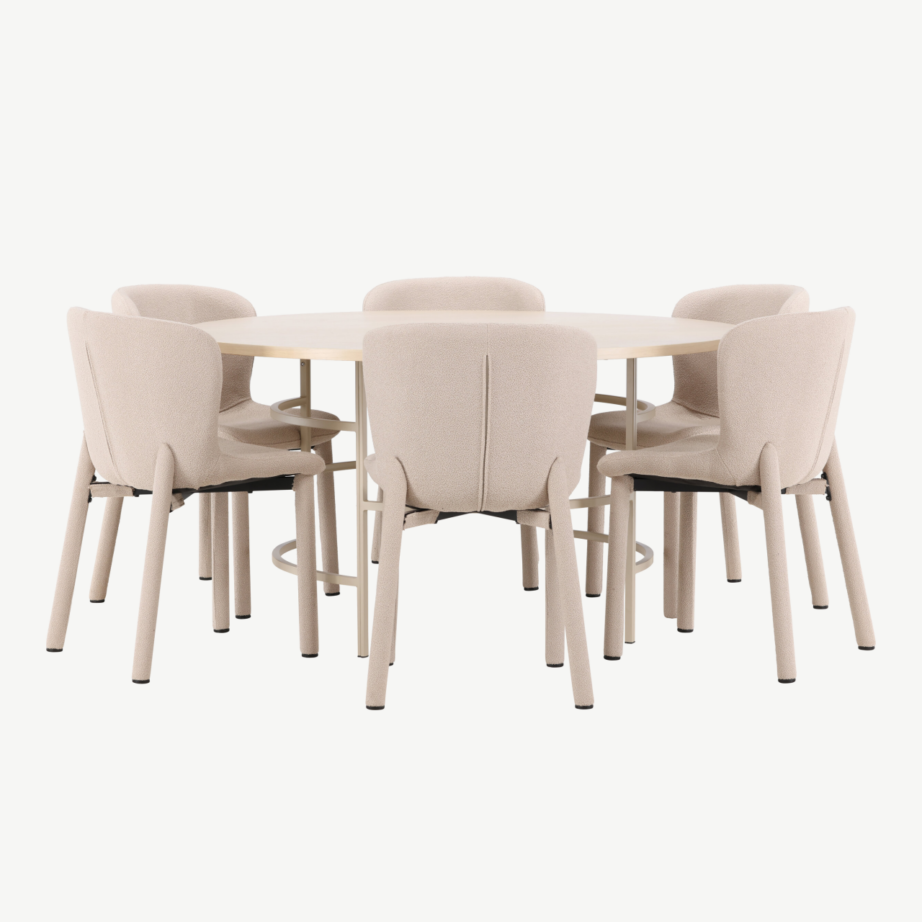 Ümmargune söögikomplekt: heledatooniline Copenhagen laud ja 6 beežist buklee tooli Astoria, GR24752 – 5