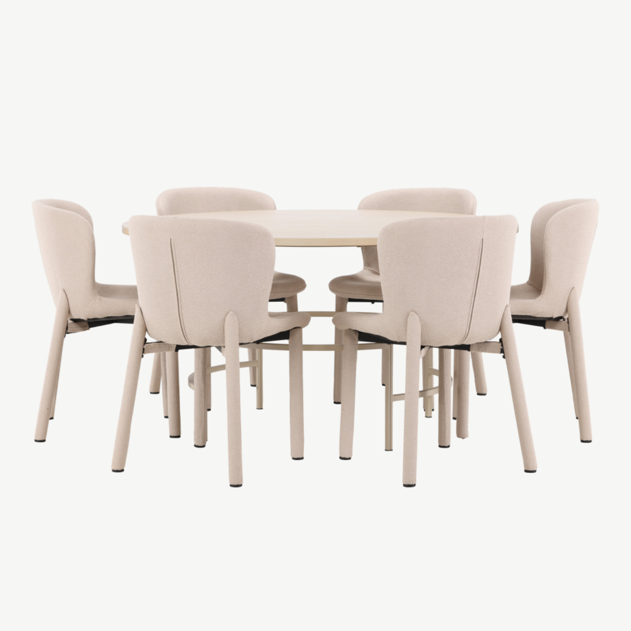 Ümmargune söögikomplekt: heledatooniline Copenhagen laud ja 6 beežist buklee tooli Astoria, GR24752 – 6