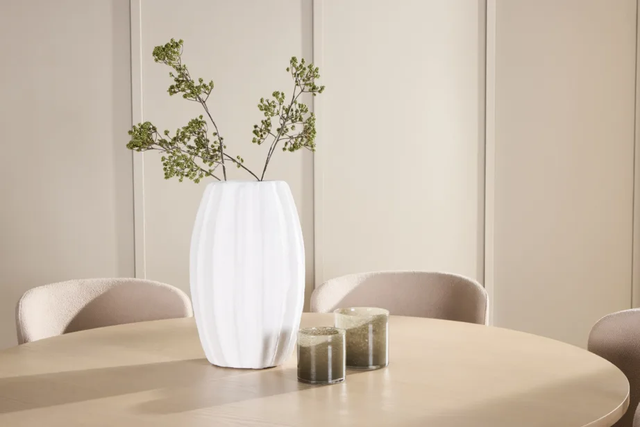 Ümmargune söögikomplekt: heledatooniline Copenhagen laud ja 6 beežist buklee tooli Astoria, GR24752 – 10