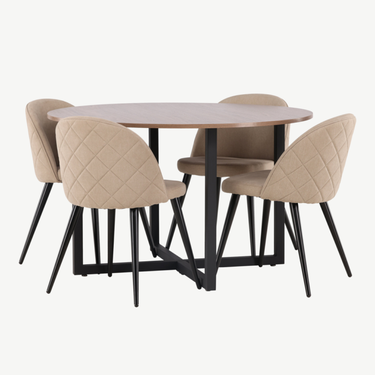 Ümmargune söögilaua ja toolide komplekt Durango (pähkli toon, beežid velvetkangast toolid, ø120cm) - GR22943