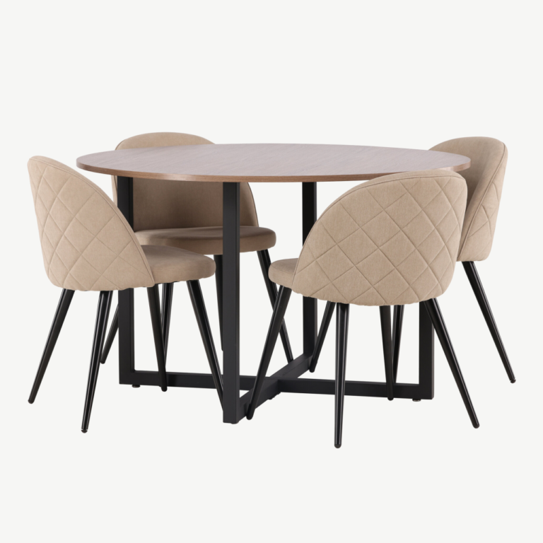 Ümmargune söögilaua ja toolide komplekt Durango (pähkli toon, beežid velvetkangast toolid, ø120cm) - GR22943