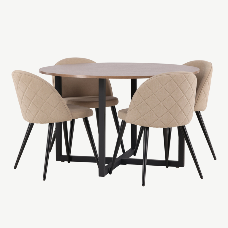 Ümmargune söögilaua ja toolide komplekt Durango (pähkli toon, beežid velvetkangast toolid, ø120cm) - GR22943