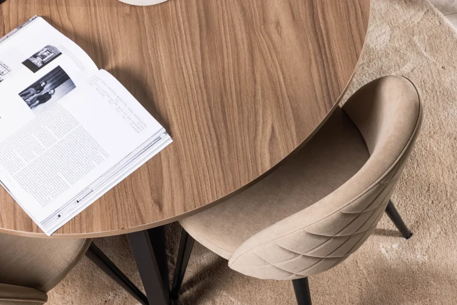 Ümmargune söögilaua ja toolide komplekt Durango (pähkli toon, beežid velvetkangast toolid, ø120cm), GR22943 – 10