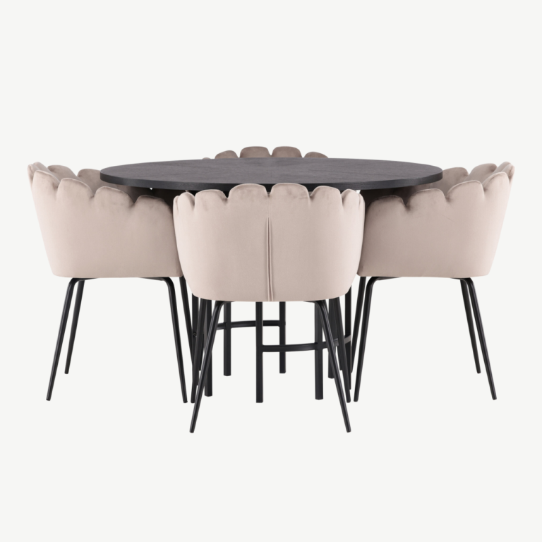 Ümmargune söögilaua komplekt Copenhagen – must MDF laud ja beežid velvetist Limhamn toolid (ø115 cm) - GR23217