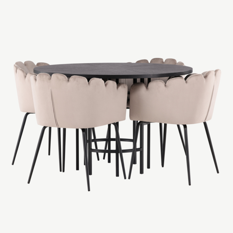 Ümmargune söögilaua komplekt Copenhagen – must MDF laud ja beežid velvetist Limhamn toolid (ø115 cm) - GR23217