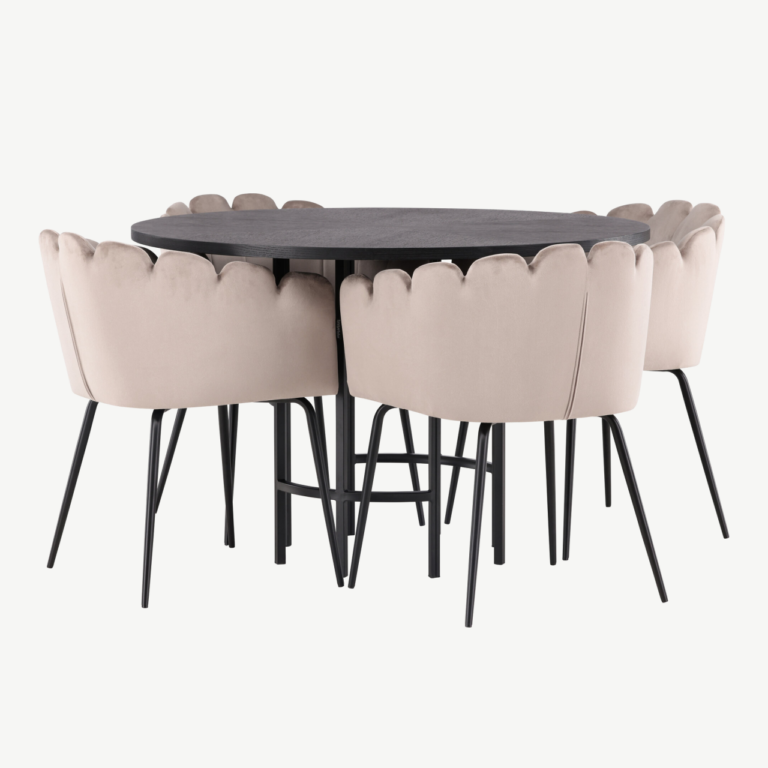 Ümmargune söögilaua komplekt Copenhagen – must MDF laud ja beežid velvetist Limhamn toolid (ø115 cm) - GR23217