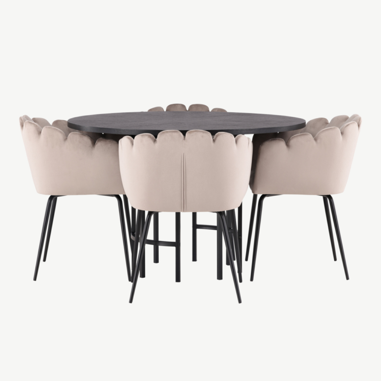 Ümmargune söögilaua komplekt Copenhagen – must MDF laud ja beežid velvetist Limhamn toolid (ø115 cm) - GR23217