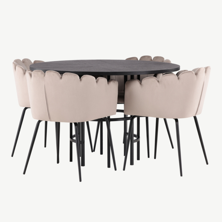 Ümmargune söögilaua komplekt Copenhagen – must MDF laud ja beežid velvetist Limhamn toolid (ø115 cm) - GR23217