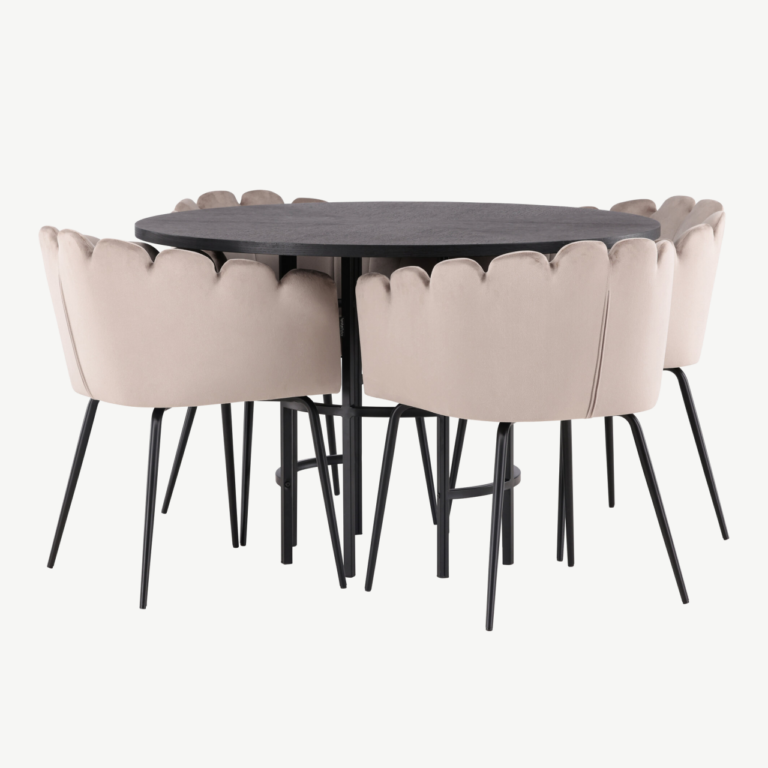 Ümmargune söögilaua komplekt Copenhagen – must MDF laud ja beežid velvetist Limhamn toolid (ø115 cm) - GR23217