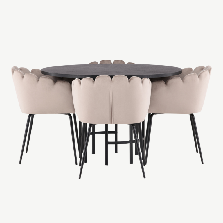 Ümmargune söögilaua komplekt Copenhagen – must MDF laud ja beežid velvetist Limhamn toolid (ø115 cm) - GR23217