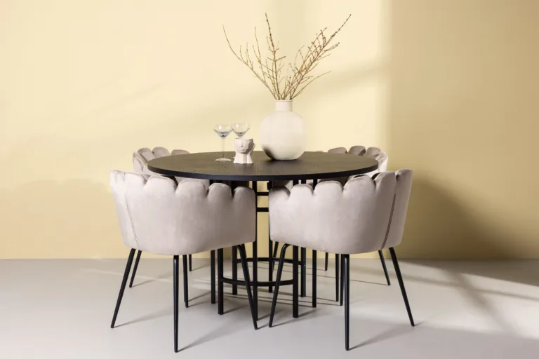 Ümmargune söögilaua komplekt Copenhagen – must MDF laud ja beežid velvetist Limhamn toolid (ø115 cm) - GR23217