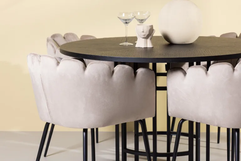 Ümmargune söögilaua komplekt Copenhagen – must MDF laud ja beežid velvetist Limhamn toolid (ø115 cm) - GR23217
