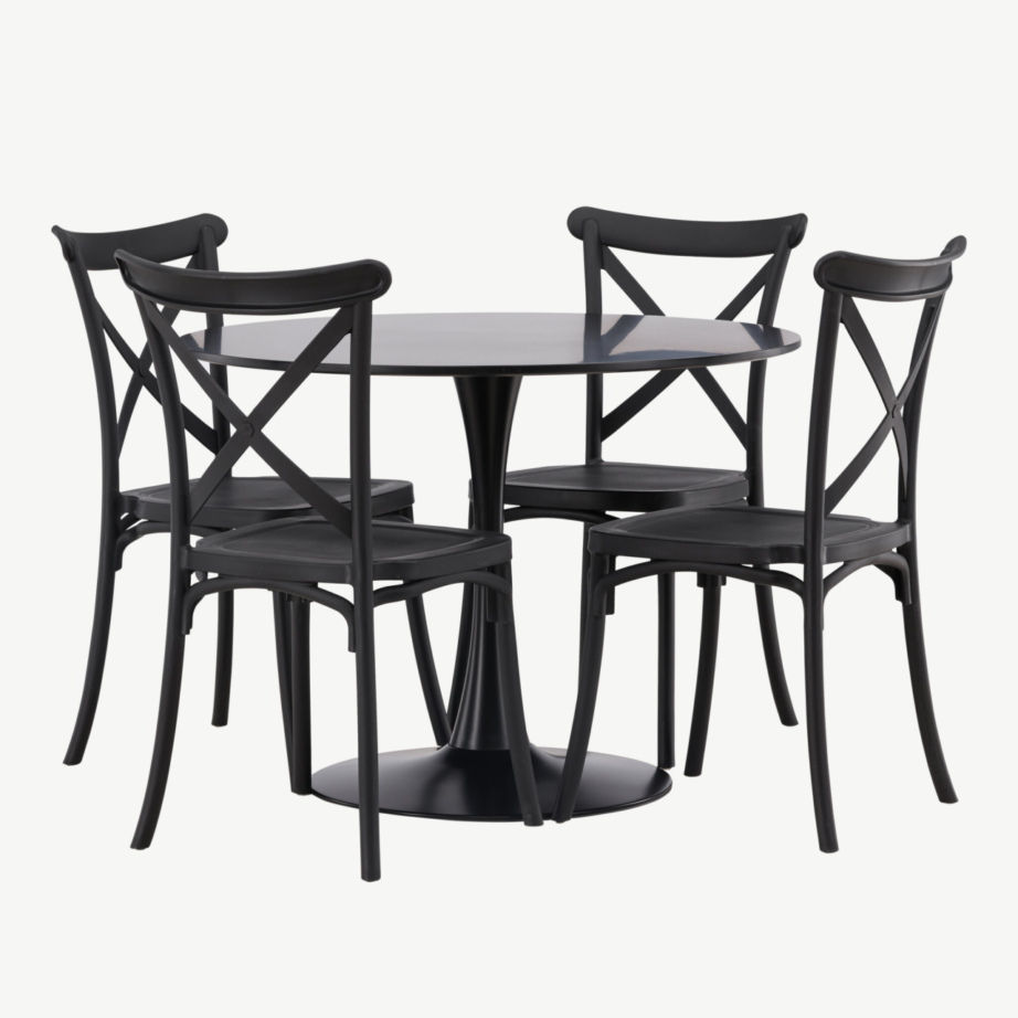 Ümmargune söögilaua komplekt Glade (must MDF, 4 musta plastiktooli), GR23133 – 3