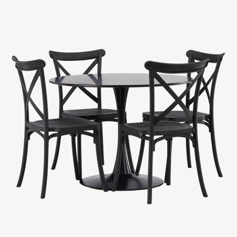 Ümmargune söögilaua komplekt Glade (must MDF, 4 musta plastiktooli) - GR23133