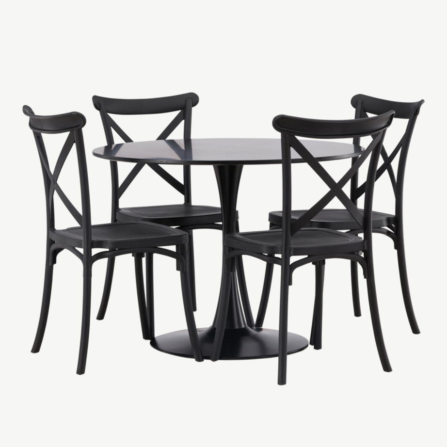 Ümmargune söögilaua komplekt Glade (must MDF, 4 musta plastiktooli), GR23133 – 4