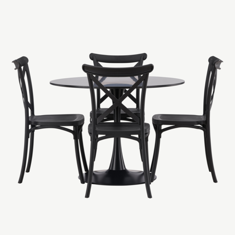 Ümmargune söögilaua komplekt Glade (must MDF, 4 musta plastiktooli) - GR23133