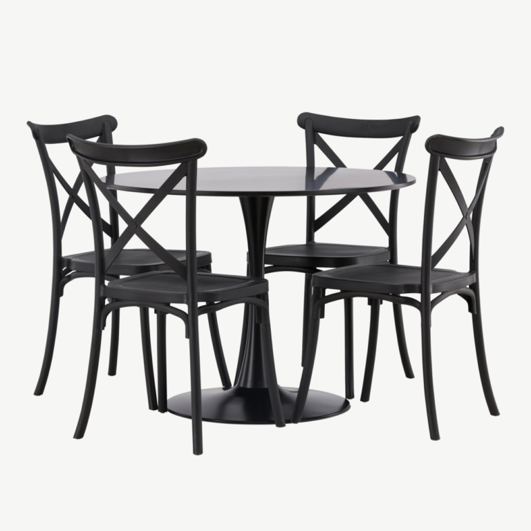 Ümmargune söögilaua komplekt Glade (must MDF, 4 musta plastiktooli) - GR23133