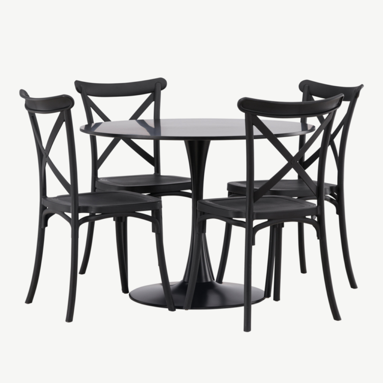 Ümmargune söögilaua komplekt Glade (must MDF, 4 musta plastiktooli) - GR23133
