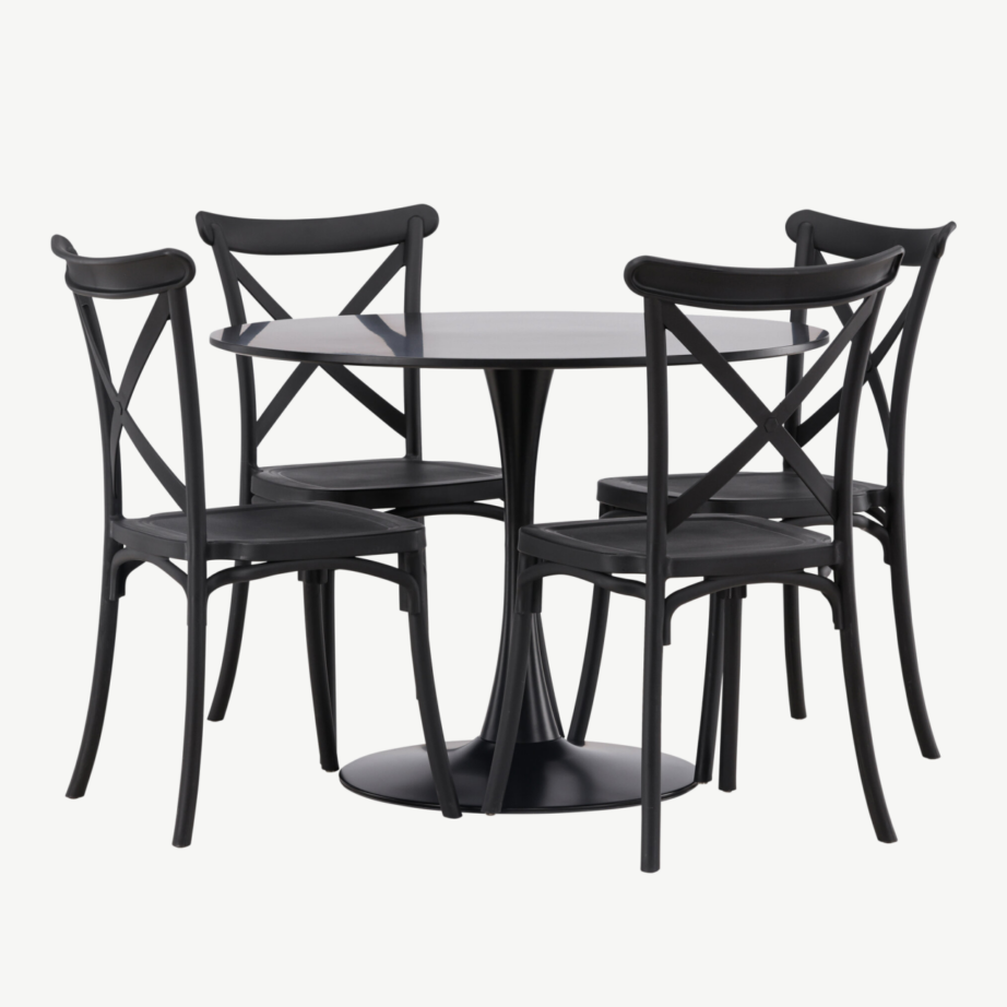 Ümmargune söögilaua komplekt Glade (must MDF, 4 musta plastiktooli), GR23133 – 6