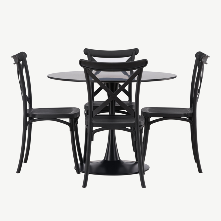 Ümmargune söögilaua komplekt Glade (must MDF, 4 musta plastiktooli) - GR23133