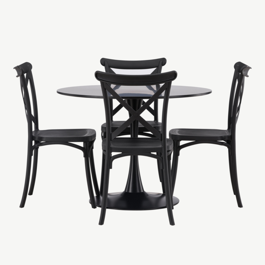 Ümmargune söögilaua komplekt Glade (must MDF, 4 musta plastiktooli), GR23133 – 7