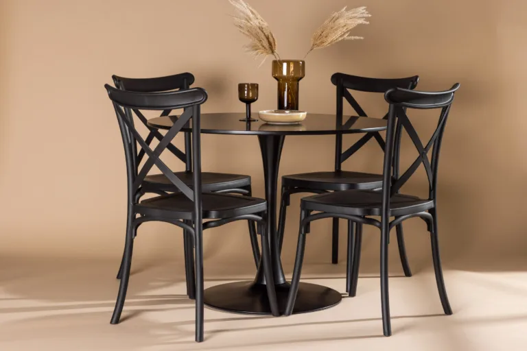 Ümmargune söögilaua komplekt Glade (must MDF, 4 musta plastiktooli) - GR23133