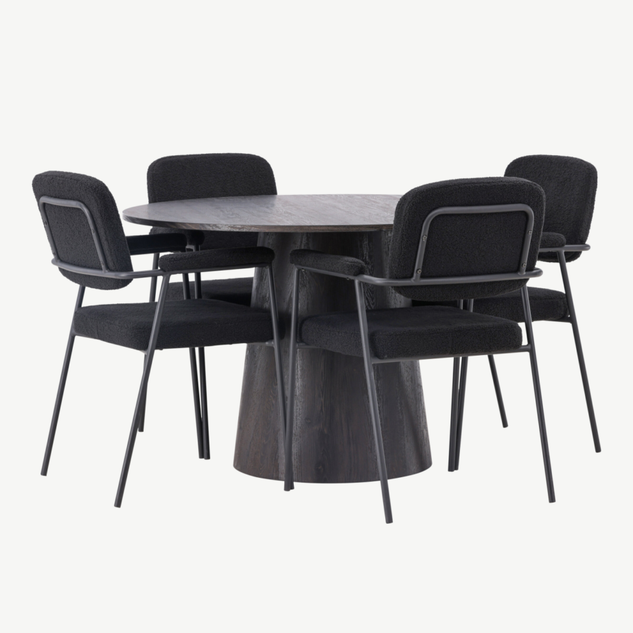 Ümmargune söögilaua komplekt Lanzo mokkatoonis lauaga ja mustade Yesterday toolidega (ø120cm), GR23478 – 6