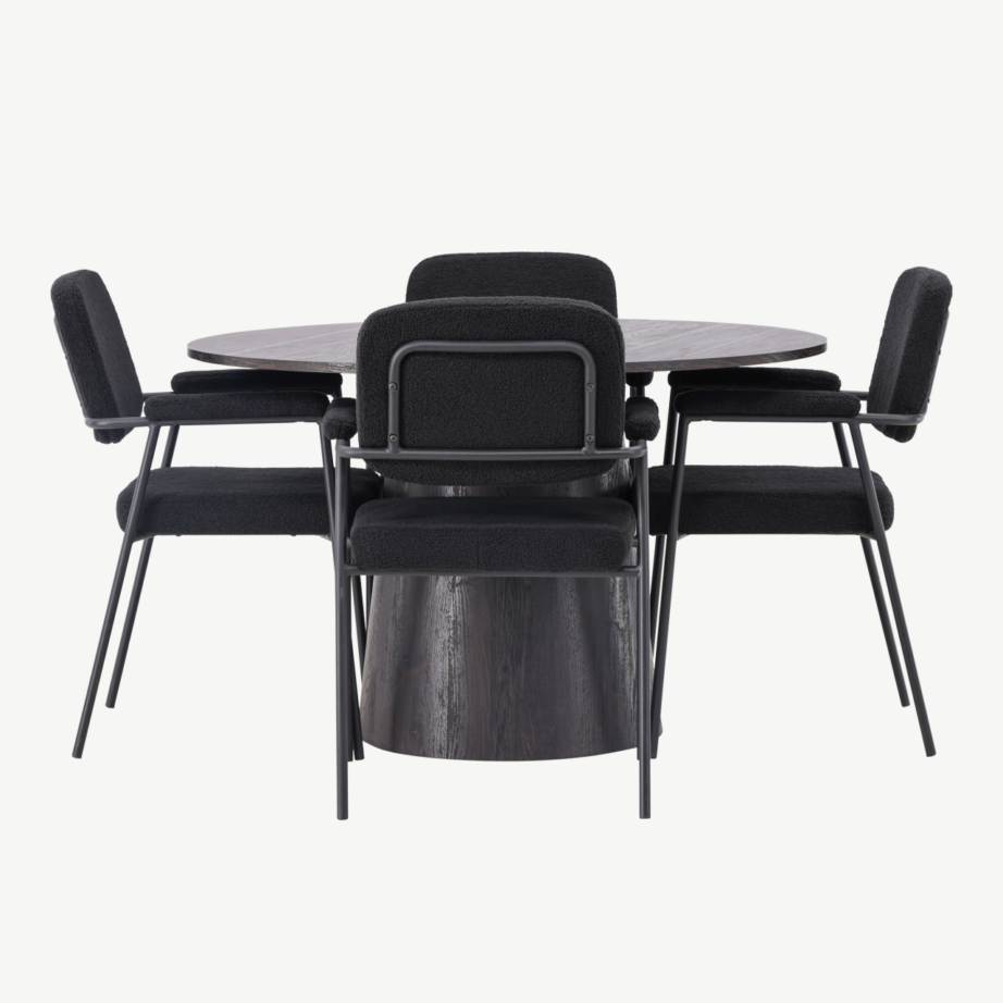 Ümmargune söögilaua komplekt Lanzo mokkatoonis lauaga ja mustade Yesterday toolidega (ø120cm), GR23478 – 7