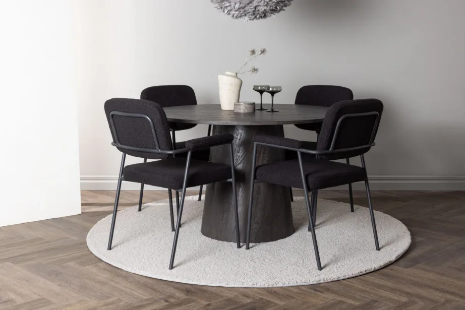 Ümmargune söögilaua komplekt Lanzo mokkatoonis lauaga ja mustade Yesterday toolidega (ø120cm), GR23478 – 8