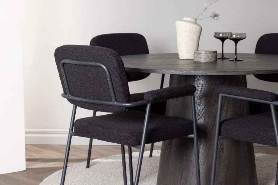 Ümmargune söögilaua komplekt Lanzo mokkatoonis lauaga ja mustade Yesterday toolidega (ø120cm), GR23478 – 9