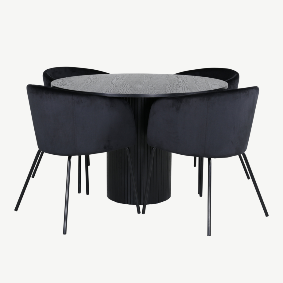 Ümmargune söögilauakomplekt Bianca musta viimistlusega laud ja neli Berit sametist tooli, GR22502