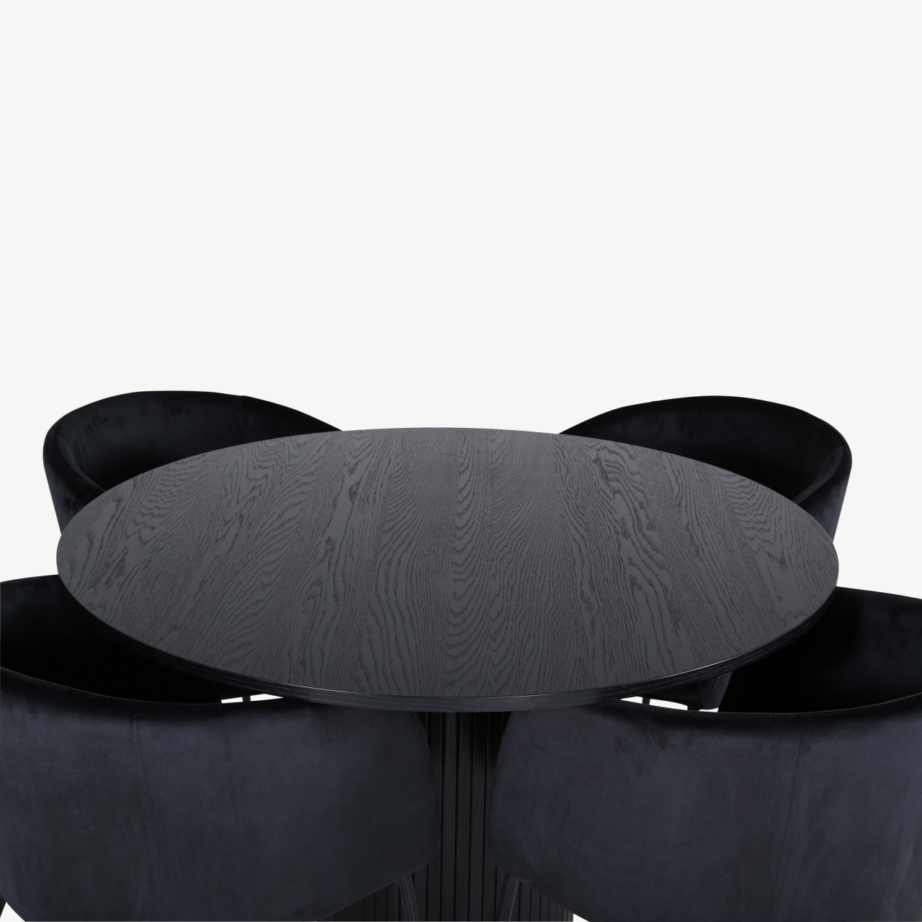 Ümmargune söögilauakomplekt Bianca musta viimistlusega laud ja neli Berit sametist tooli, GR22502 – 2