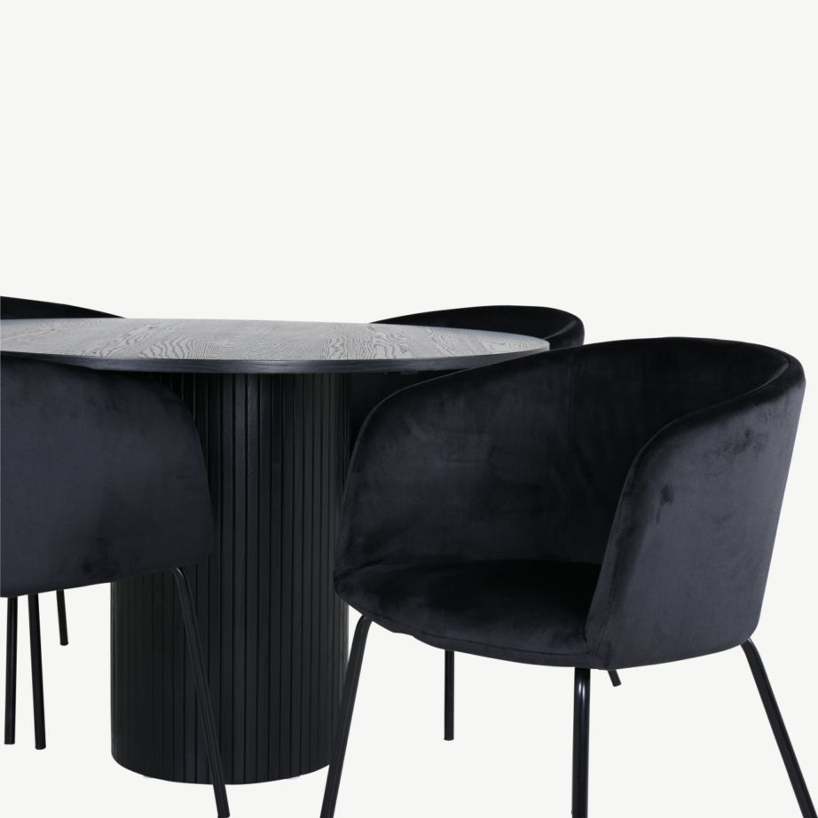 Ümmargune söögilauakomplekt Bianca musta viimistlusega laud ja neli Berit sametist tooli, GR22502 – 4
