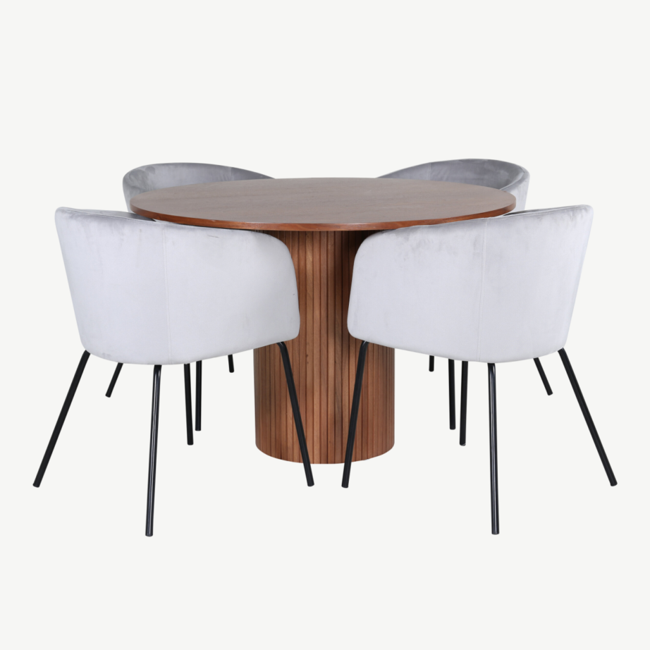 Ümmargune söögilauakomplekt Bianca (pähklitoon, 4 helehalli samettooli Berit), GR22488