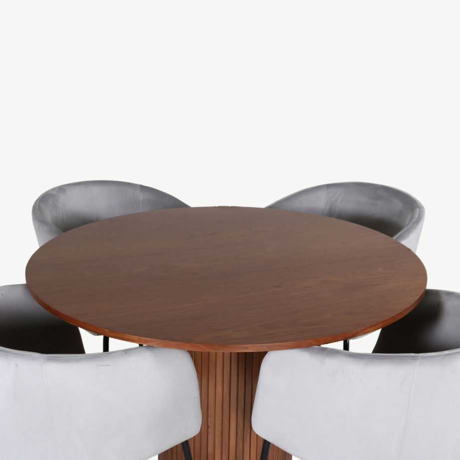 Ümmargune söögilauakomplekt Bianca (pähklitoon, 4 helehalli samettooli Berit), GR22488 – 2