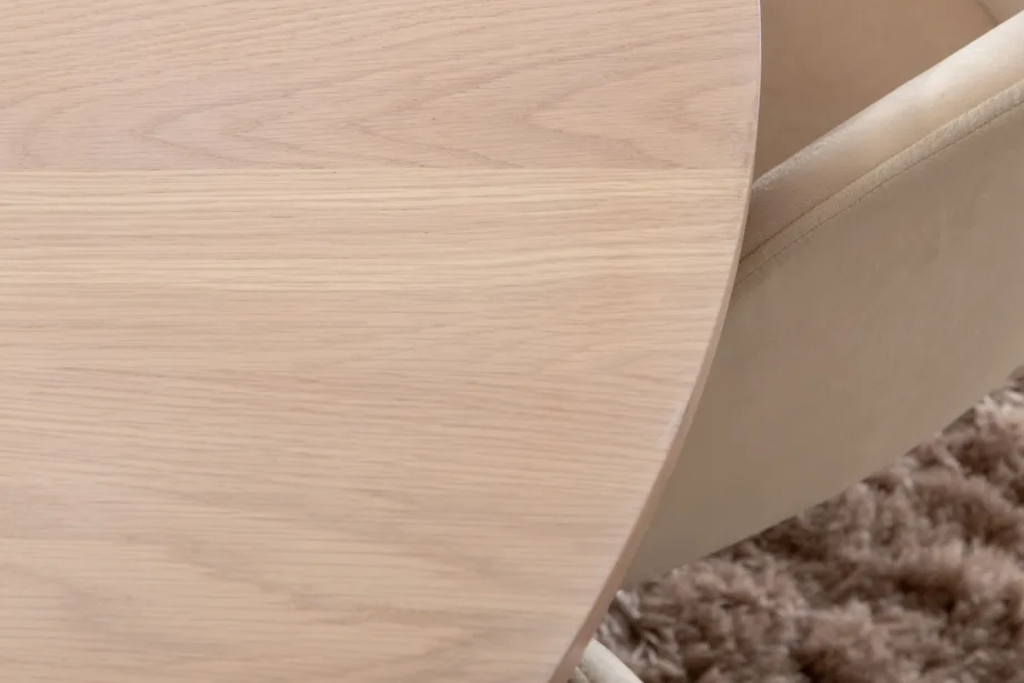 Ümmargune söögilauakomplekt Bianca valge peitsiga lauaga ja 4 beeži Berit velvetist tooliga, GR22206 – 8