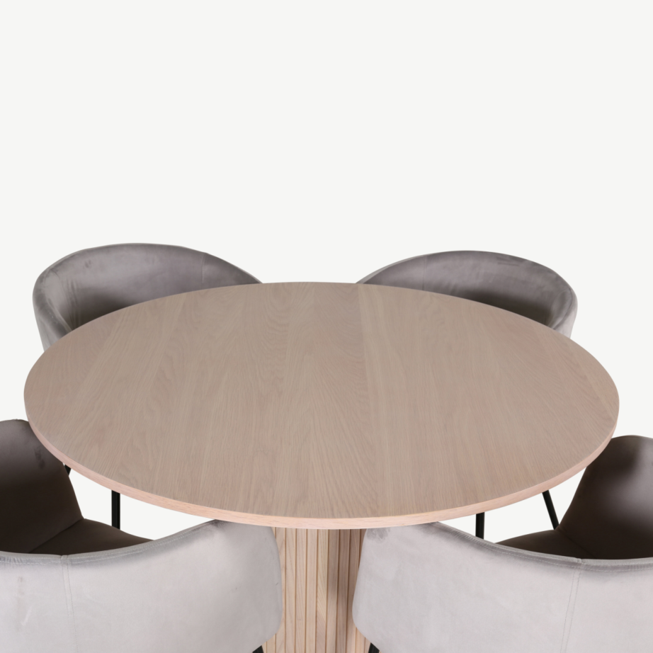 Ümmargune söögilauakomplekt Bianca (valge peitsiga laud, 4 halli sametist tooli), GR22474 – 2