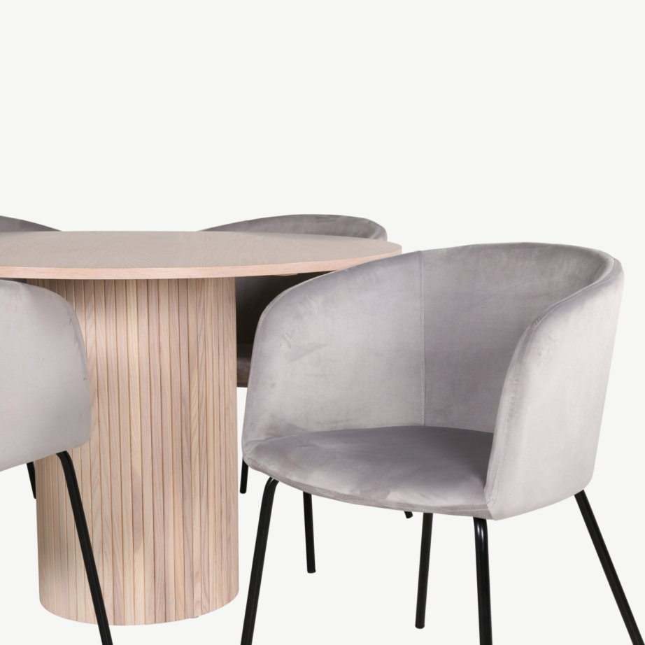 Ümmargune söögilauakomplekt Bianca (valge peitsiga laud, 4 halli sametist tooli), GR22474 – 4